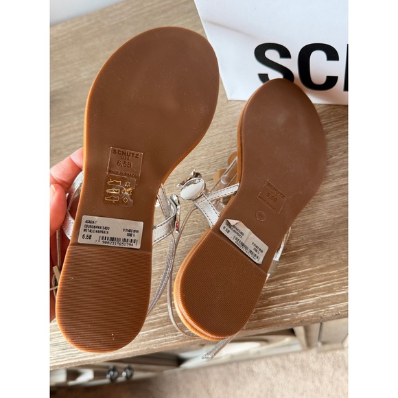 Schutz Acacia T Strap Flat Sandals Womens Metallic Silver 6.5B S0143003660002U - Picture 4 of 5